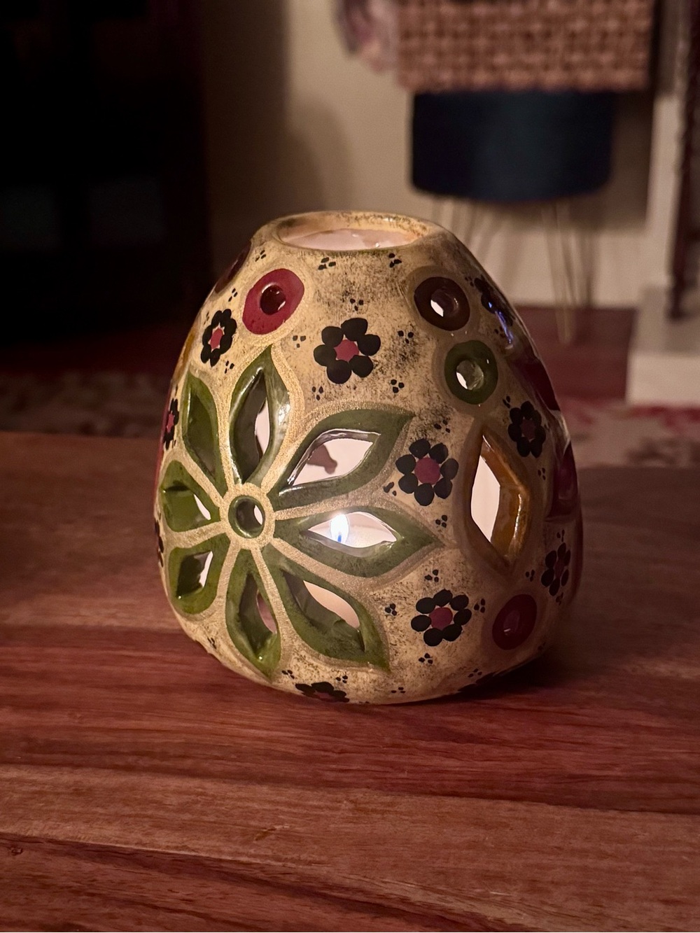 Hand-painted Ceramic Candle Luminary Holder Lantern Pierced Floral Boho Folk Art